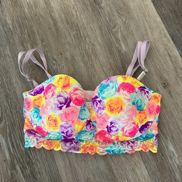 NWT Victorias Secret PINK neon multicolor floral rose bustier bra lace 34D - Picture 2 of 7